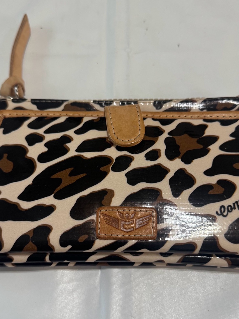 Consuela Leopard Patent Wristlet in Tan, Black, and Cream